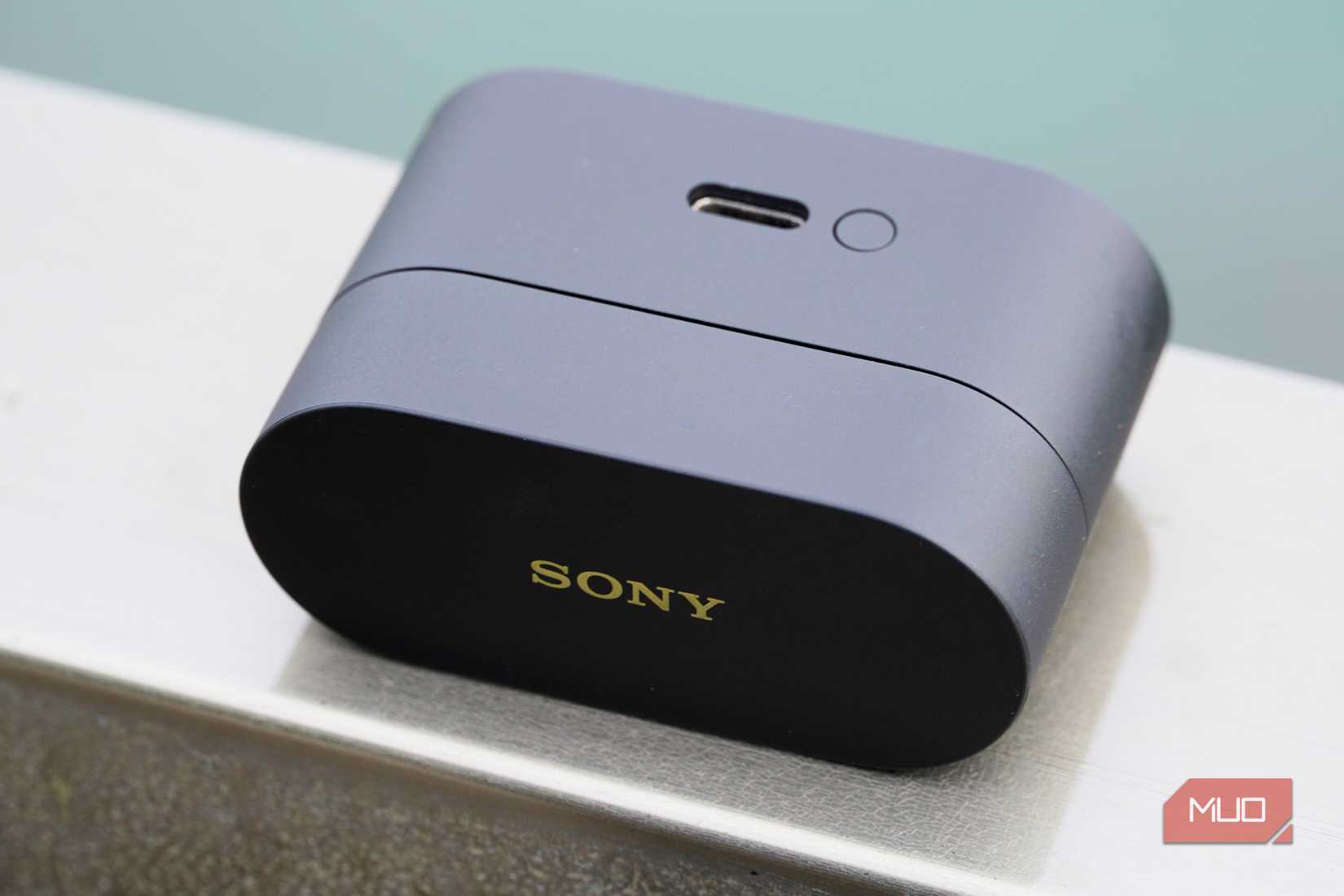 The Sony WF-1000XM6 earbuds charging case on a railing.