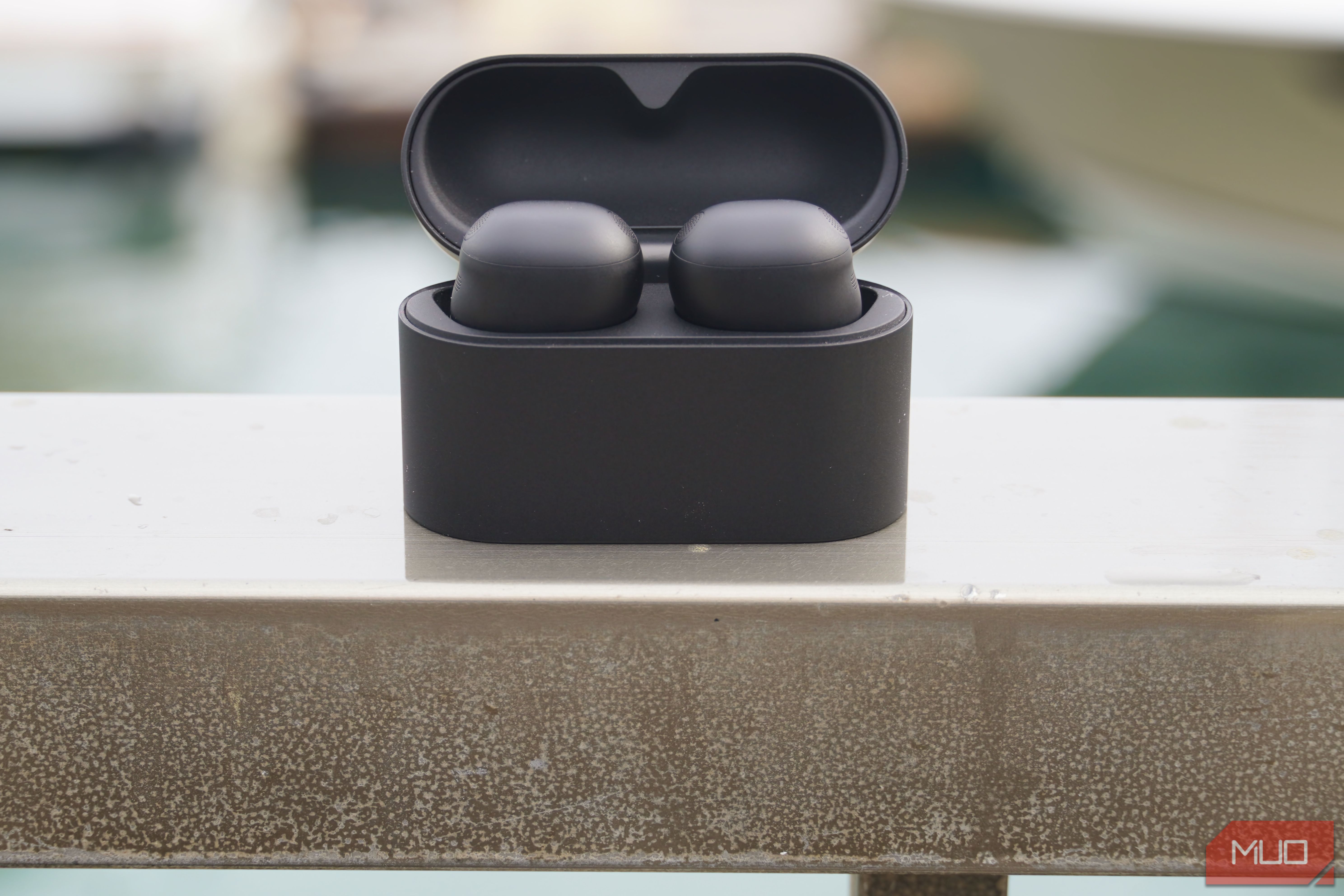 Sony WF-1000XM6 earbuds in their charging case.