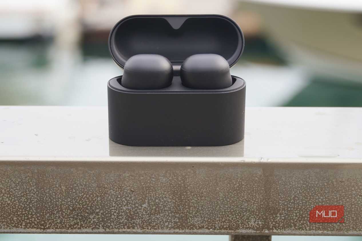 Sony WF-1000XM6 earbuds in their charging case.