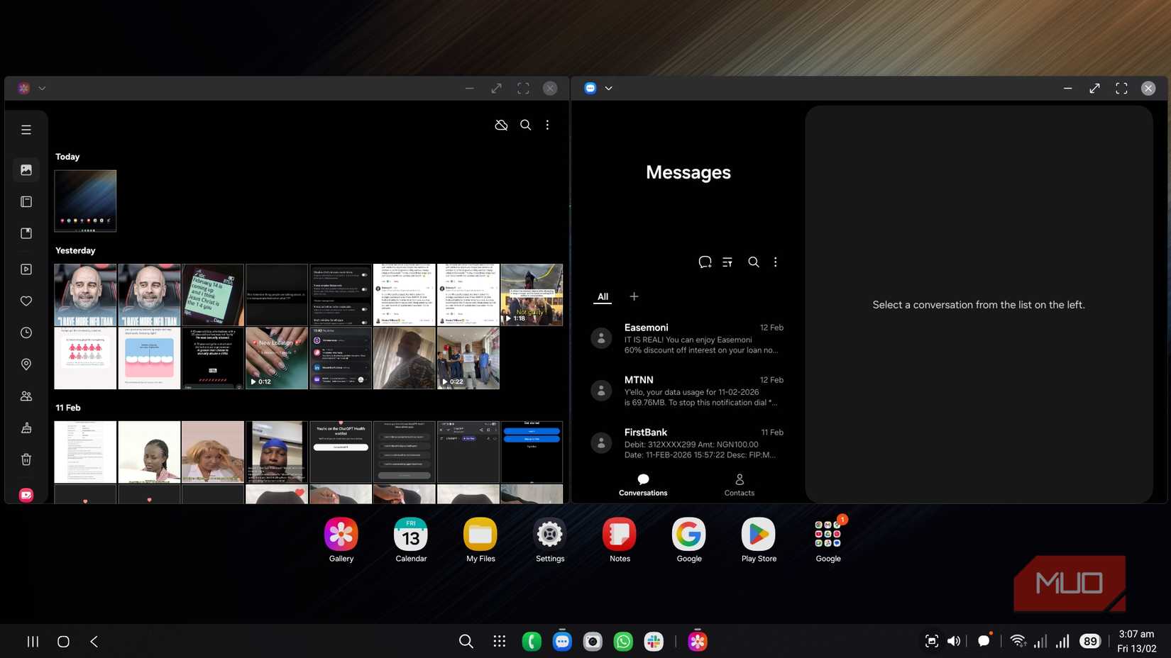Split-screen view in DeX mode featuring the Gallery and Messages apps open side-by-side.