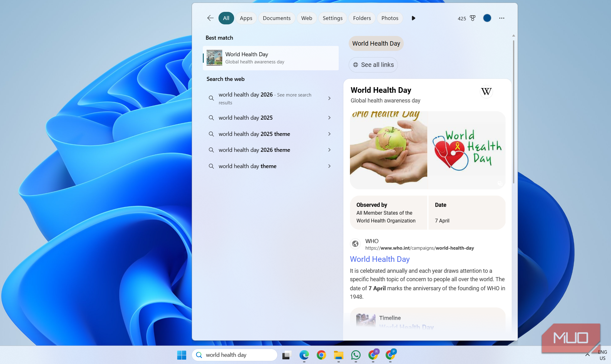 Start menu web search