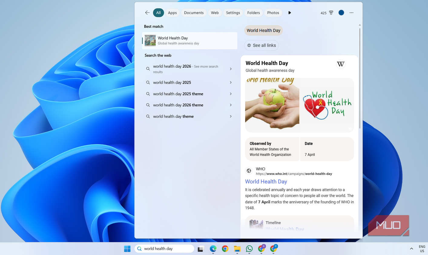 Start menu web search