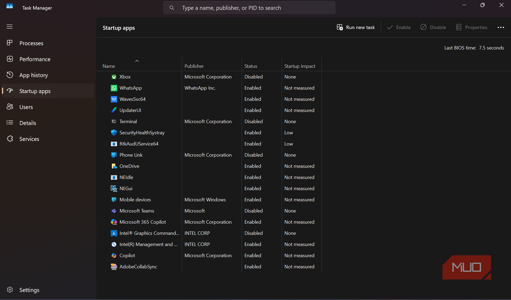 Startup apps list in Task Manager