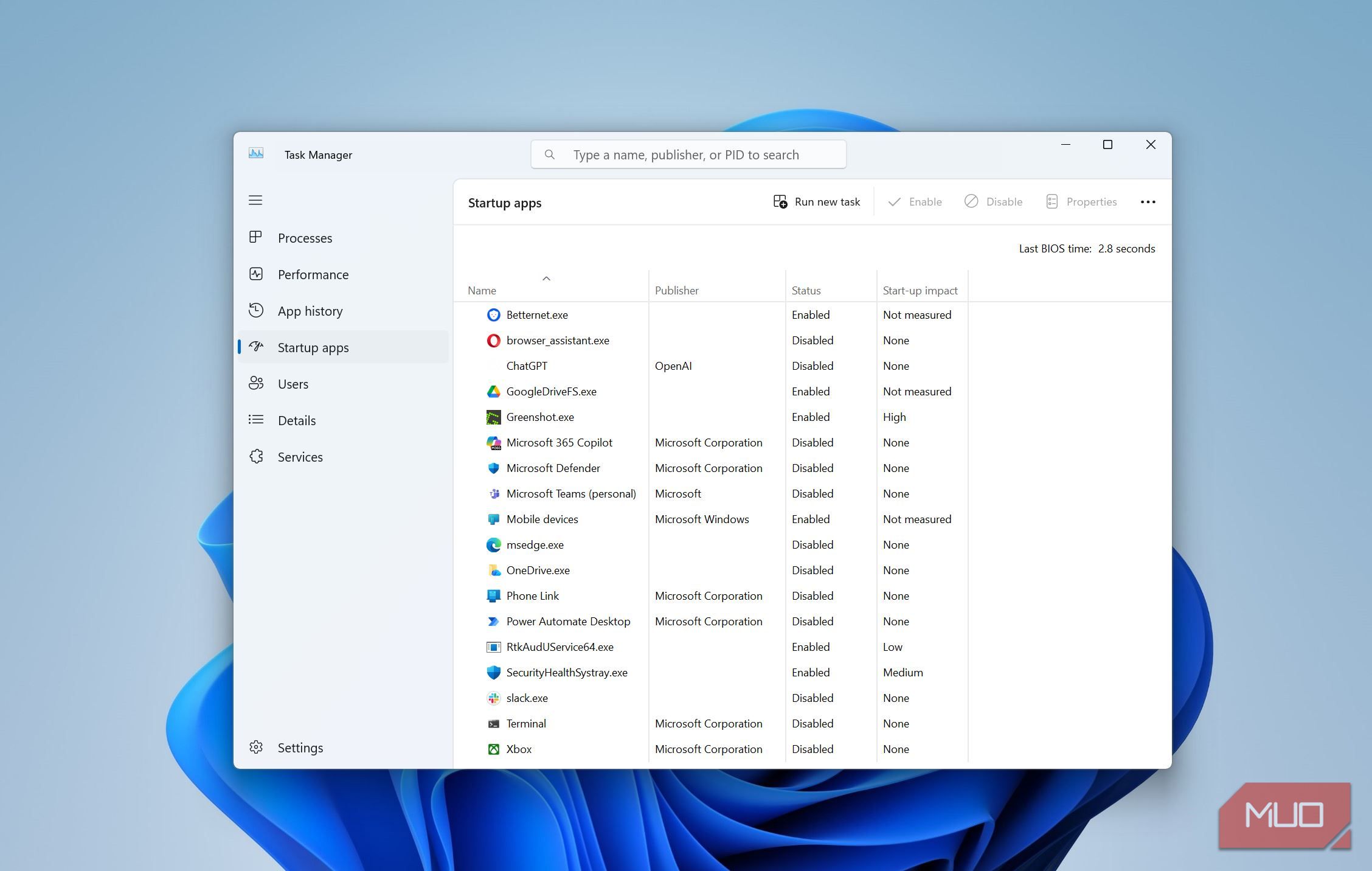 Startup apps tab in Task Manager.