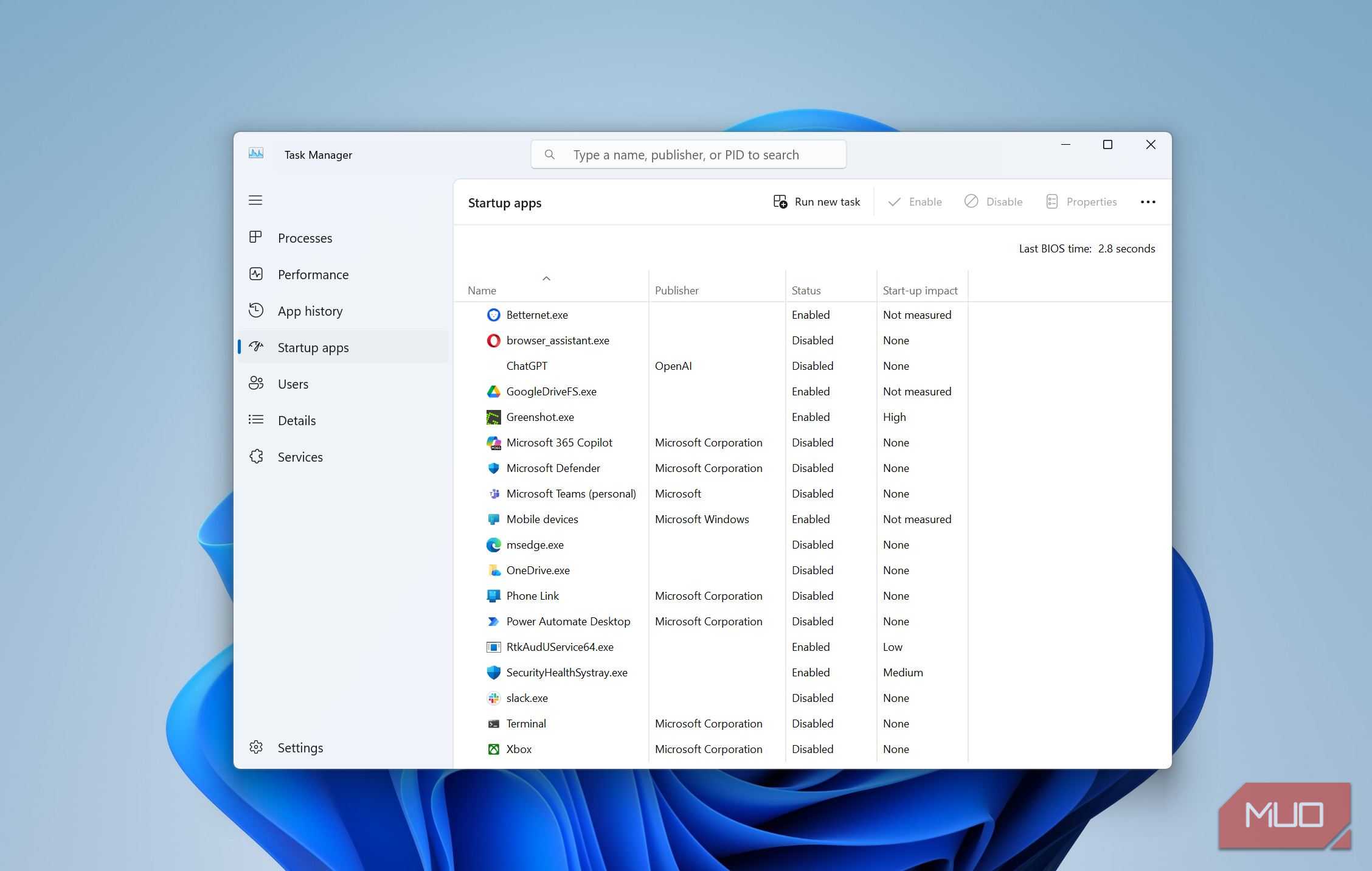 Startup apps tab in Task Manager.