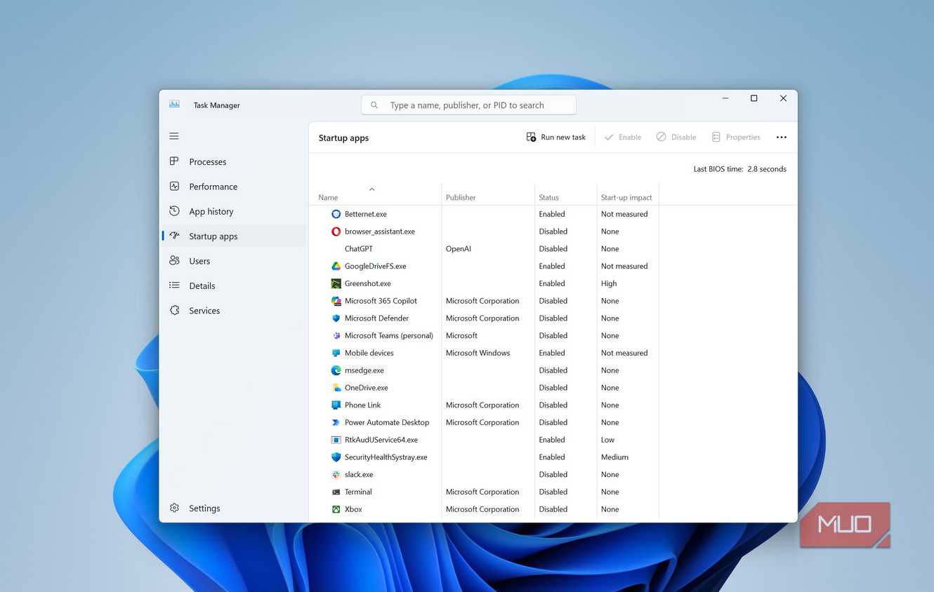 Startup apps tab in Task Manager.