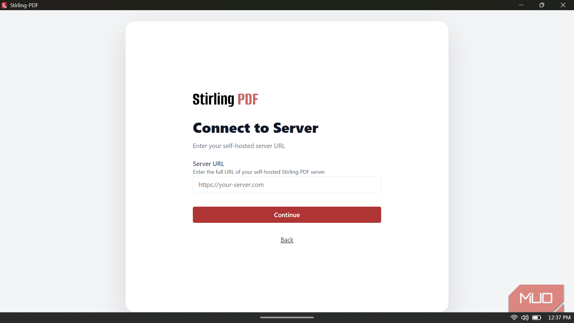 Stirling PDF application screen prompting the user to enter their self-hosted server URL to connect.