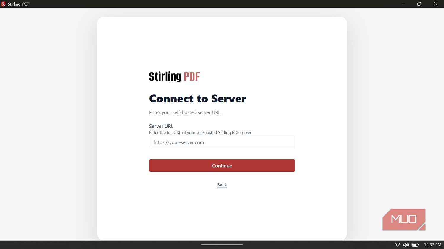 Stirling PDF application screen prompting the user to enter their self-hosted server URL to connect.