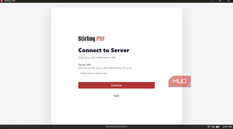 Stirling PDF application screen prompting the user to enter their self-hosted server URL to connect.