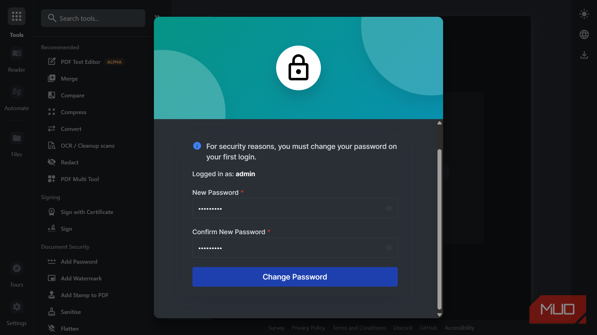 Stirling PDF dashboard displaying a modal prompt requiring the admin user to change their password upon first login.