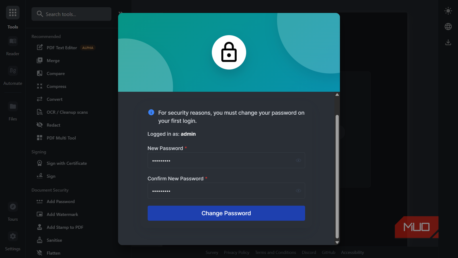 Stirling PDF dashboard displaying a modal prompt requiring the admin user to change their password upon first login.