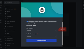 Stirling PDF dashboard displaying a modal prompt requiring the admin user to change their password upon first login.