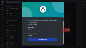 Stirling PDF dashboard displaying a modal prompt requiring the admin user to change their password upon first login.