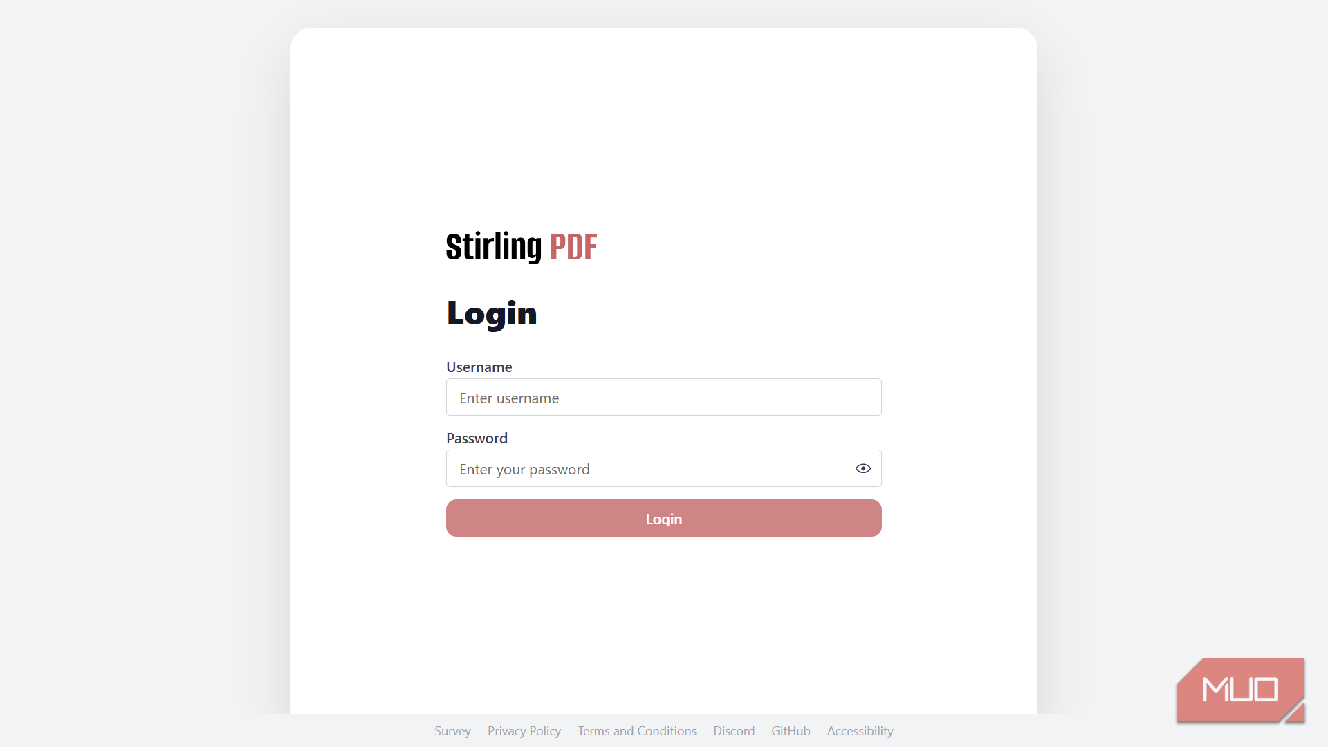 Stirling PDF login page featuring standard username and password input fields.