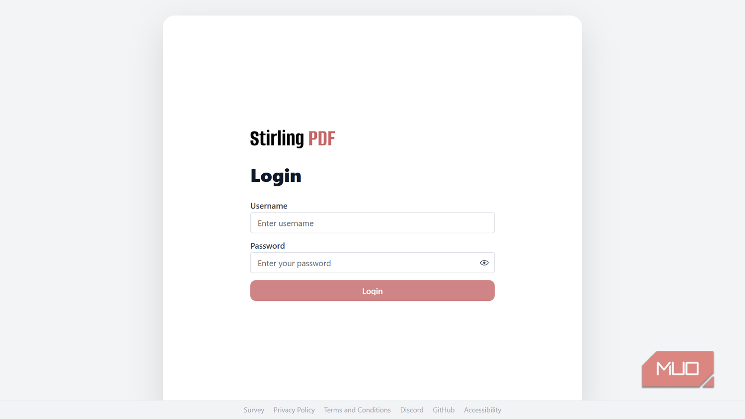 Stirling PDF login page featuring standard username and password input fields.