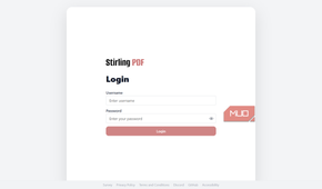 Stirling PDF login page featuring standard username and password input fields.