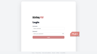Stirling PDF login page featuring standard username and password input fields.