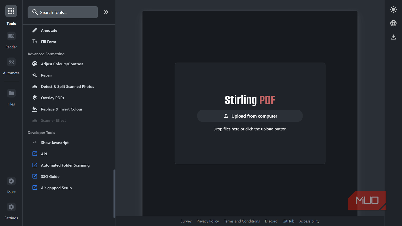 Stirling PDF 'Tools' sidebar scrolled to the bottom, displaying Advanced Formatting and Developer Tools sections.