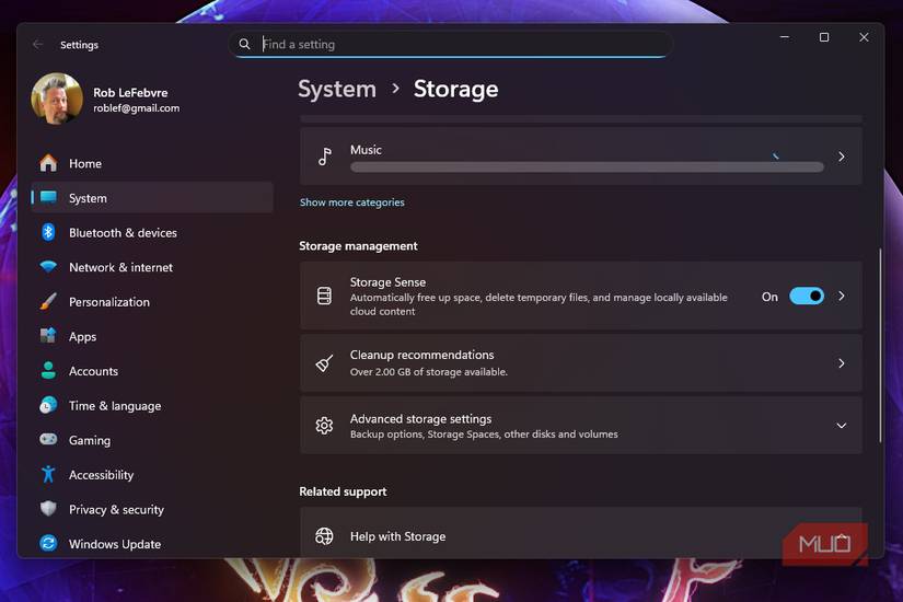 Storage sense control panel