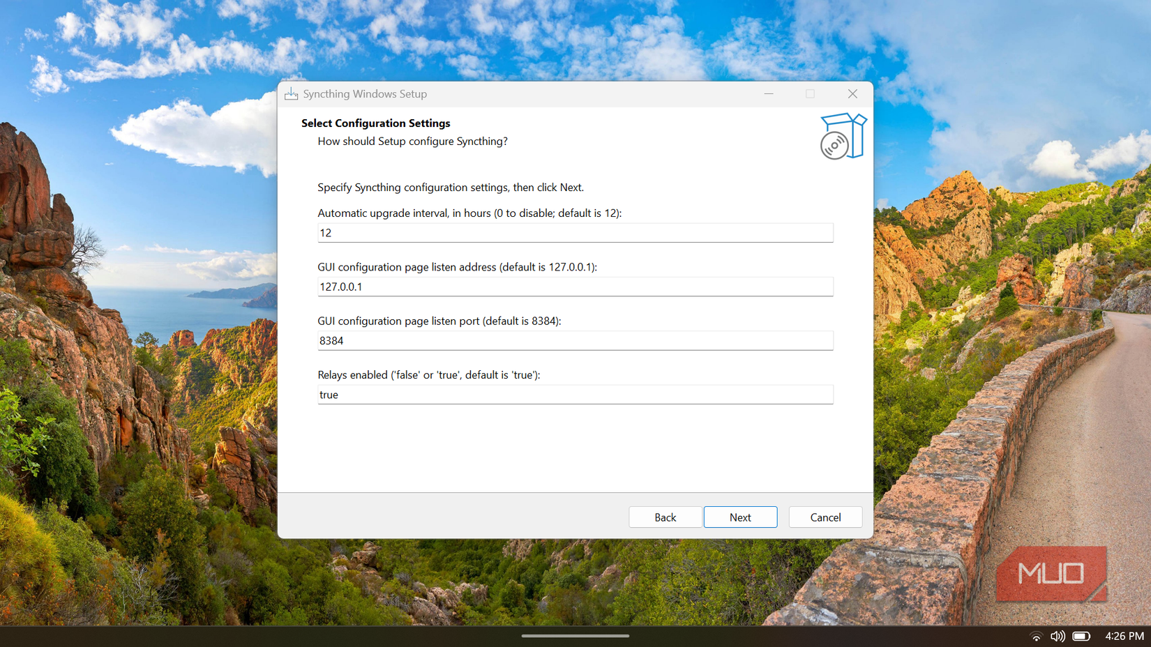 Syncthing Windows Setup window showing configuration settings.