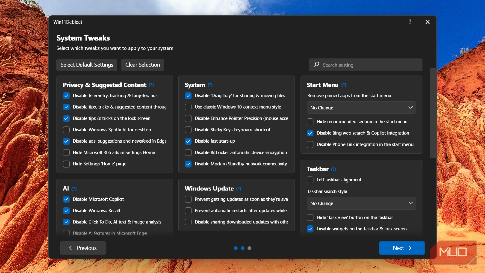 System Tweaks in Win11Debloat showing selected tweaks.-1