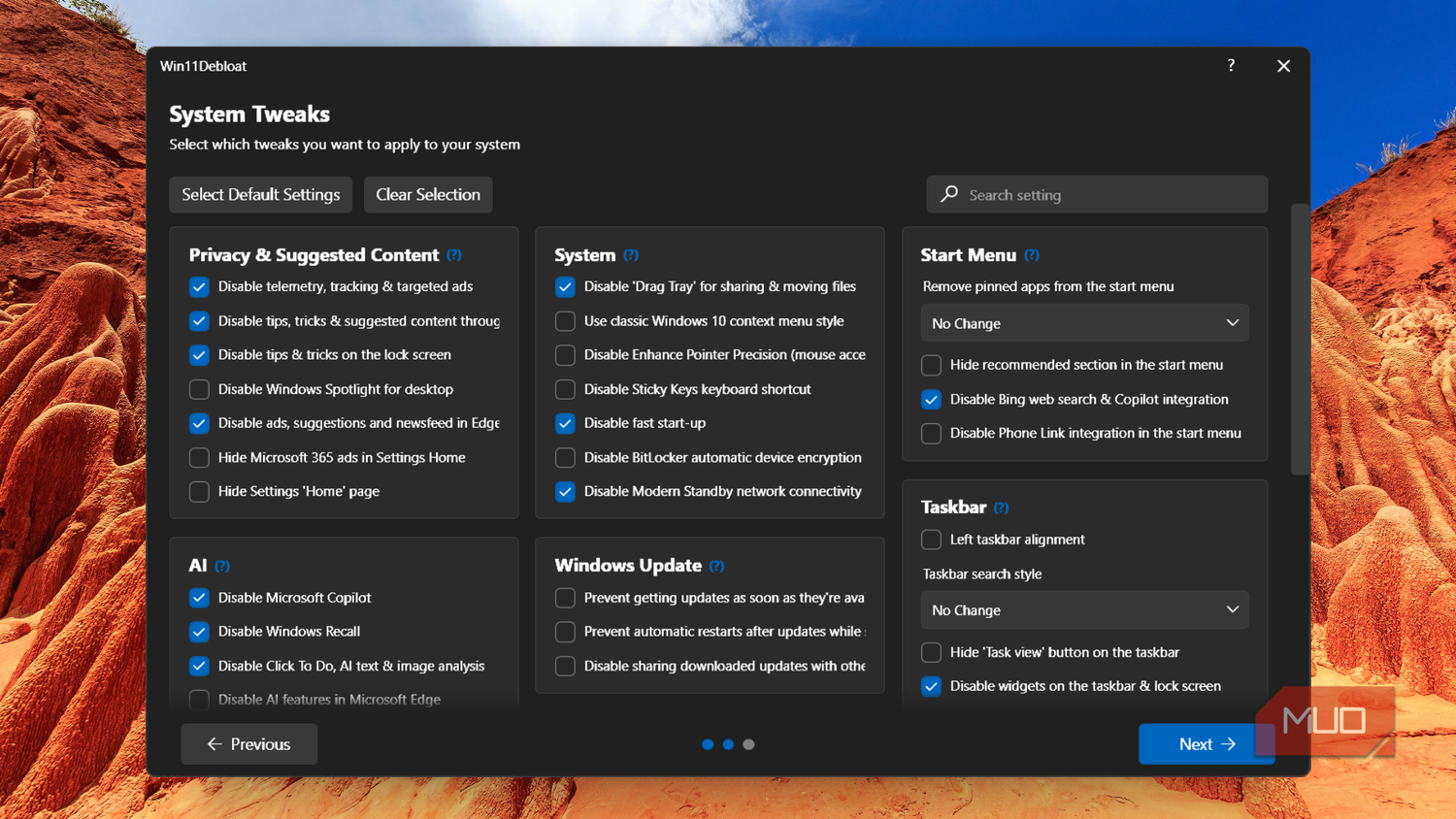 System Tweaks in Win11Debloat showing selected tweaks.-1