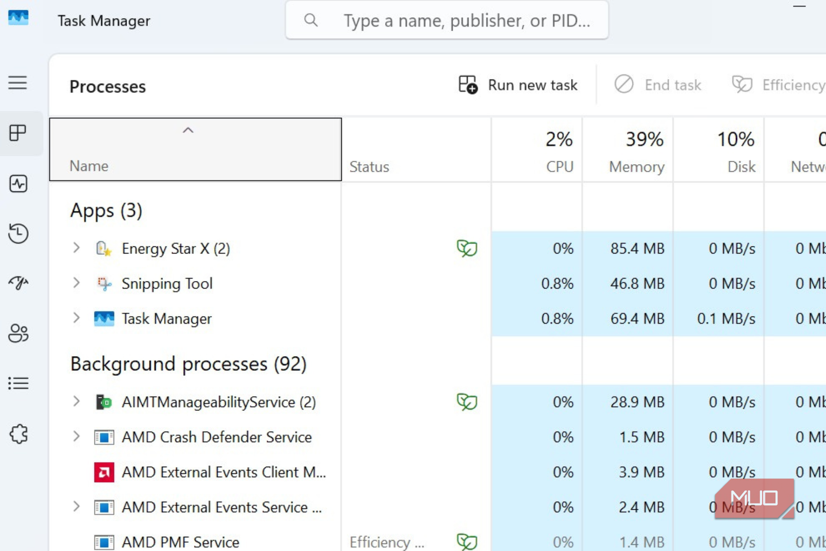 Task Manager opened on Windows