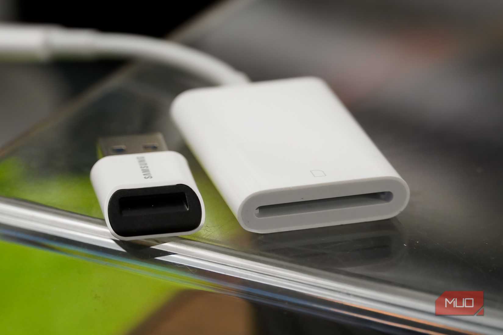 A USB-A microSD card reader next to a USB-C SD card reader.