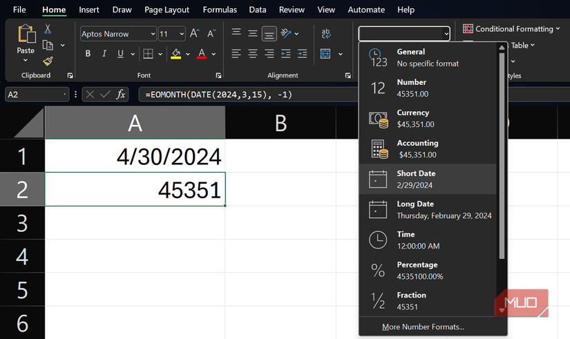 The EOMONTH function in Excel with the number format dropdown exposed.