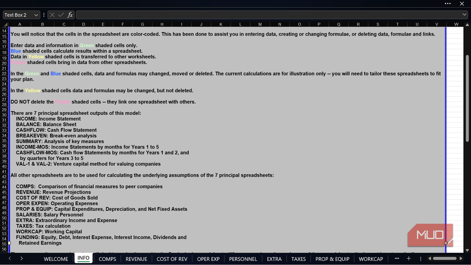 La hoja de información sobre un libro de Excel de proyección financiera.