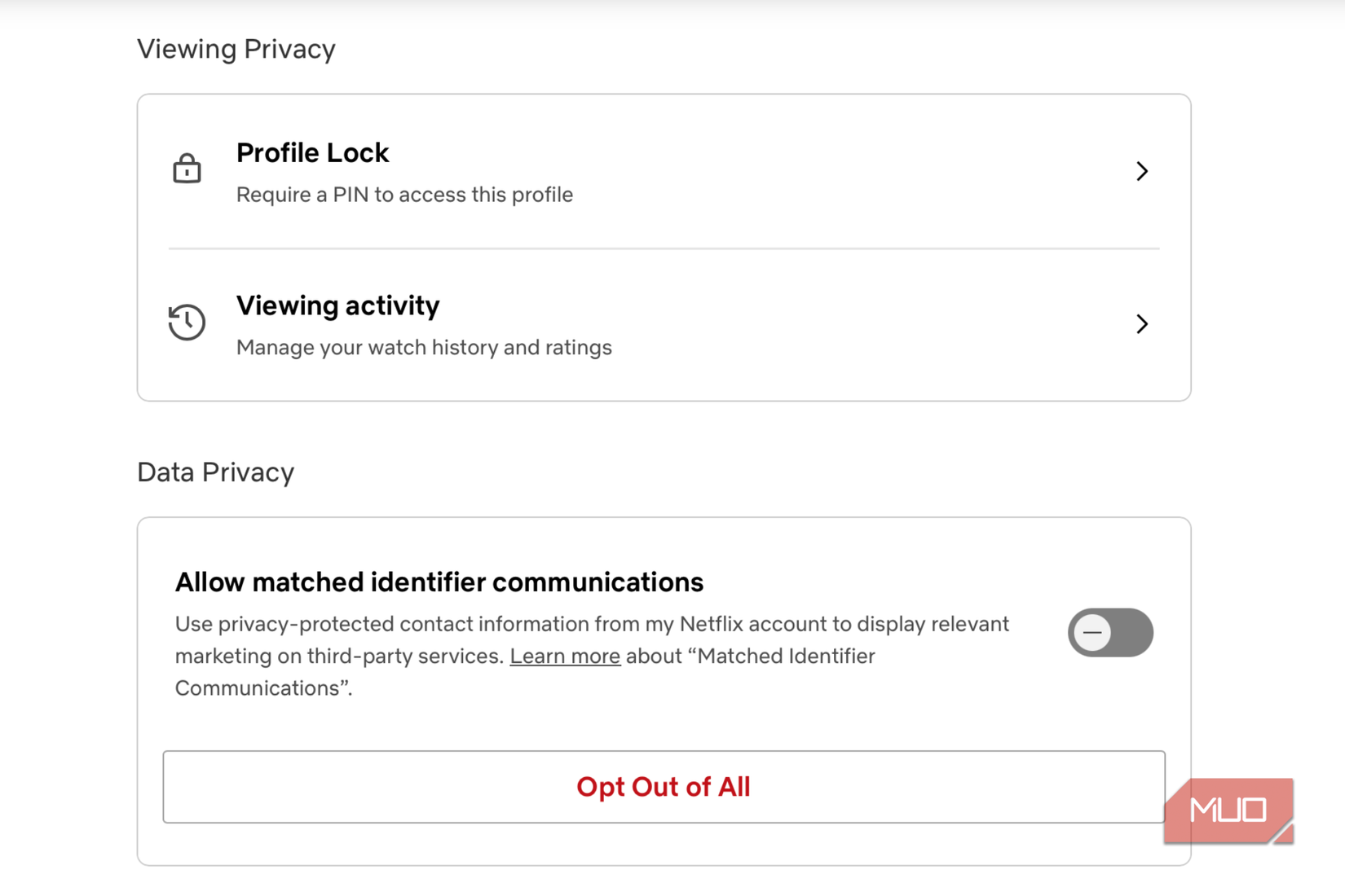 Toggle off allow matched identifier communications on Netflix