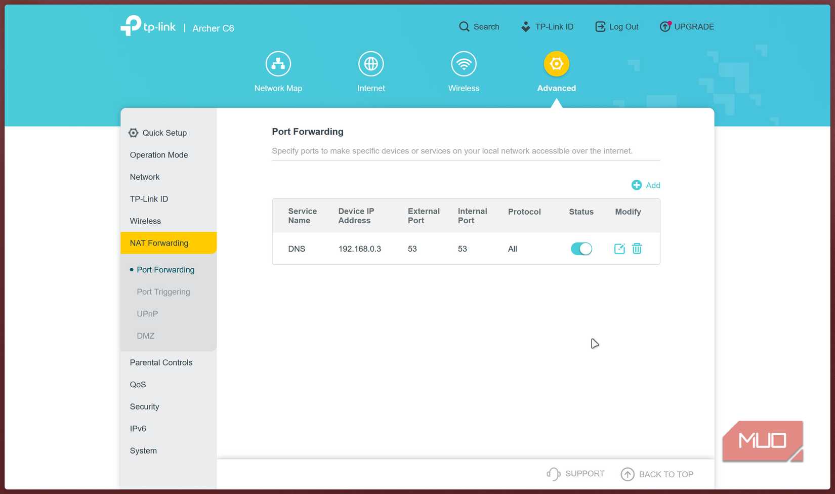 TP-লিংক রাউটার পোর্ট ফরওয়ার্ডিং পৃষ্ঠা।