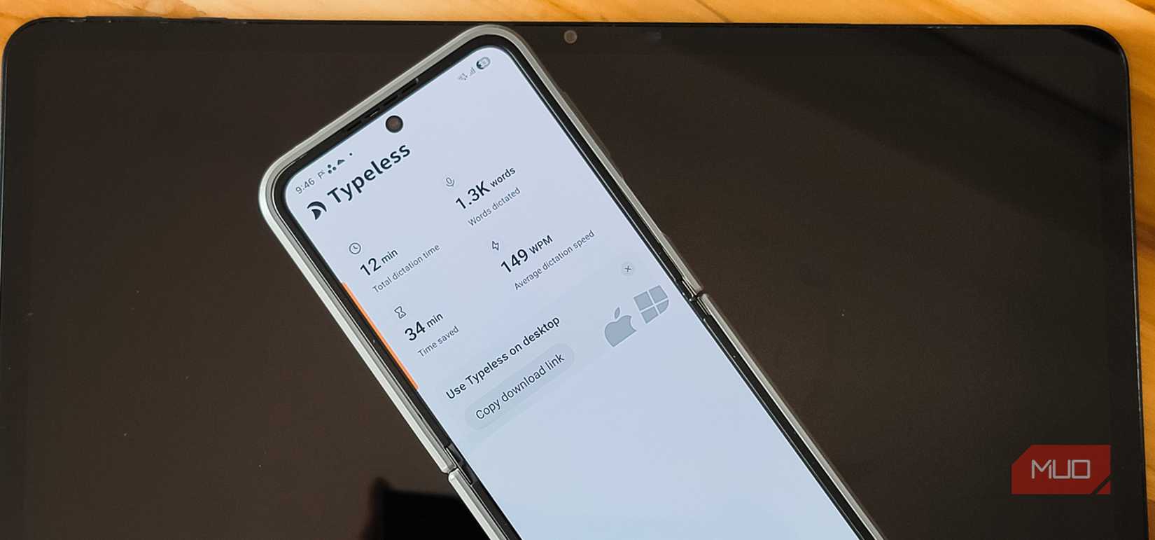 Typeless app open on a Samsung Galaxy Z Flip 6 kept on a tablet