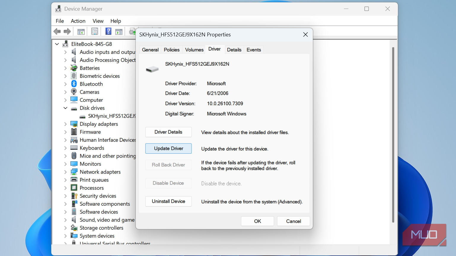 Update driver option in SSD Device Manager settings.