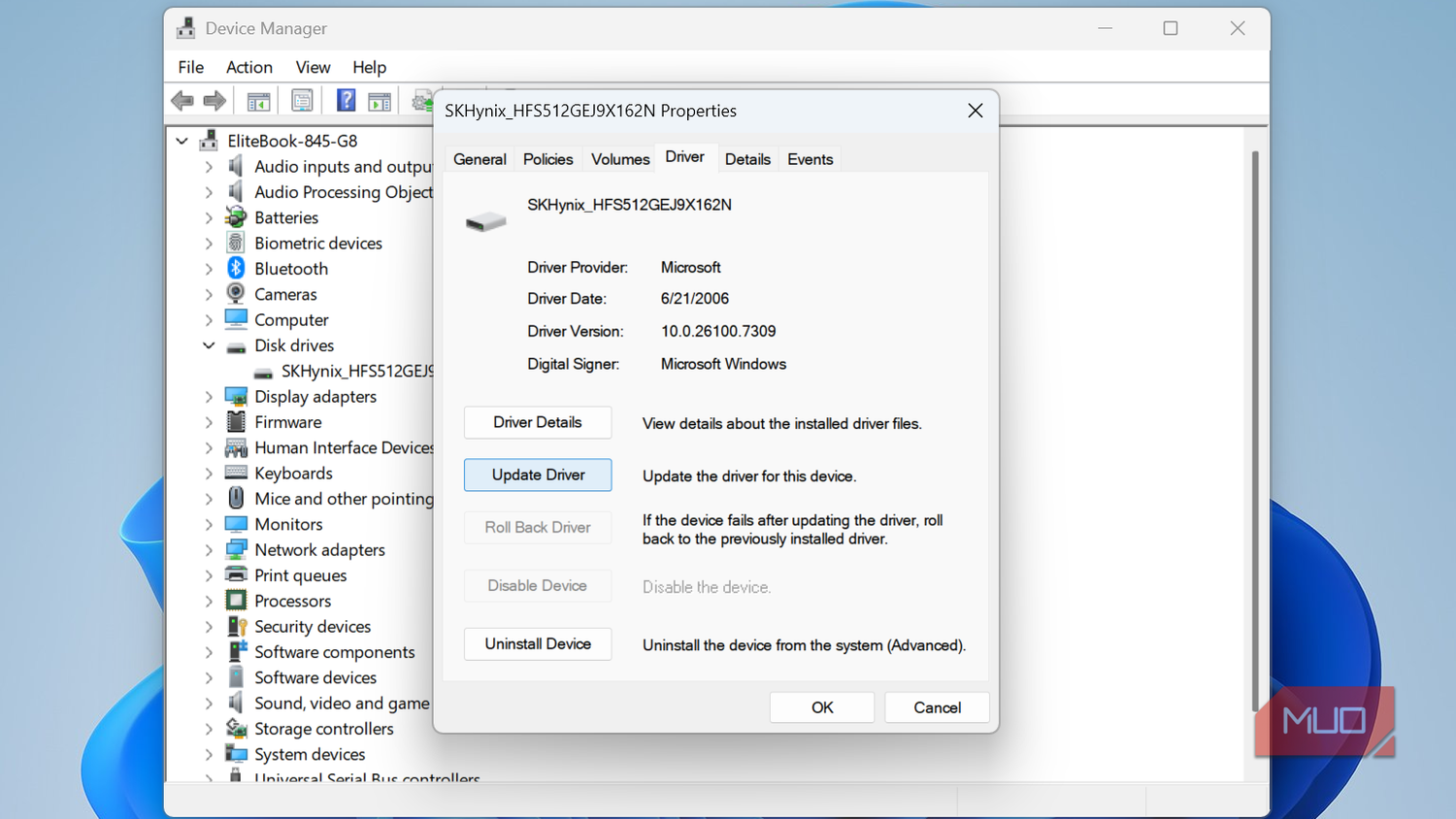 Update driver option in SSD Device Manager settings.