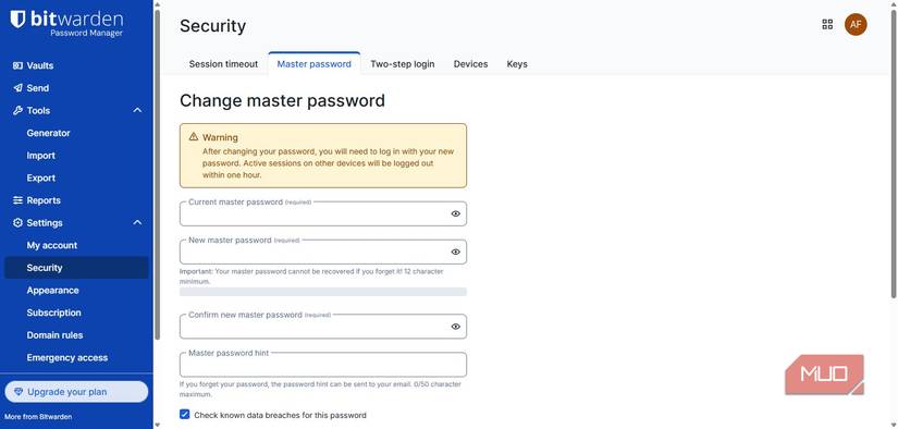 Updating master password on Bitwarden