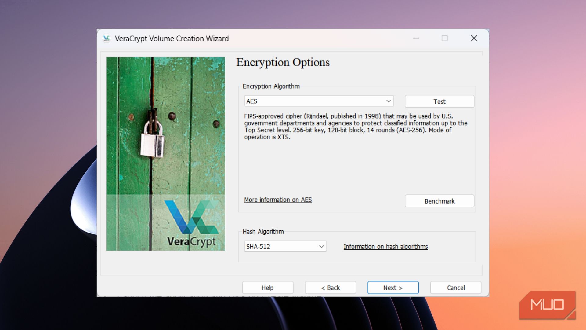 Encryption options menu displaying AES algorithm and SHA-512 hash selection
