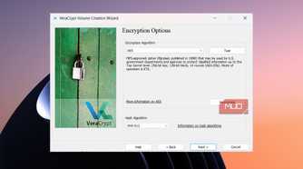 Encryption options menu displaying AES algorithm and SHA-512 hash selection