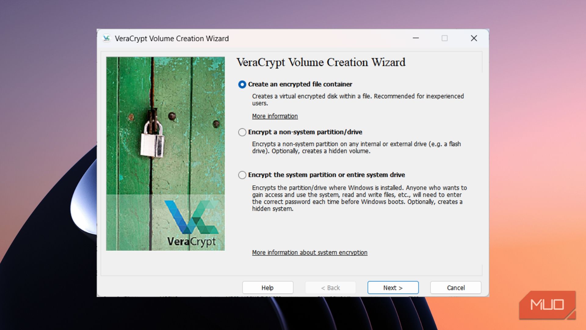 VeraCrypt wizard offering options to create an encrypted file container or encrypt a partition