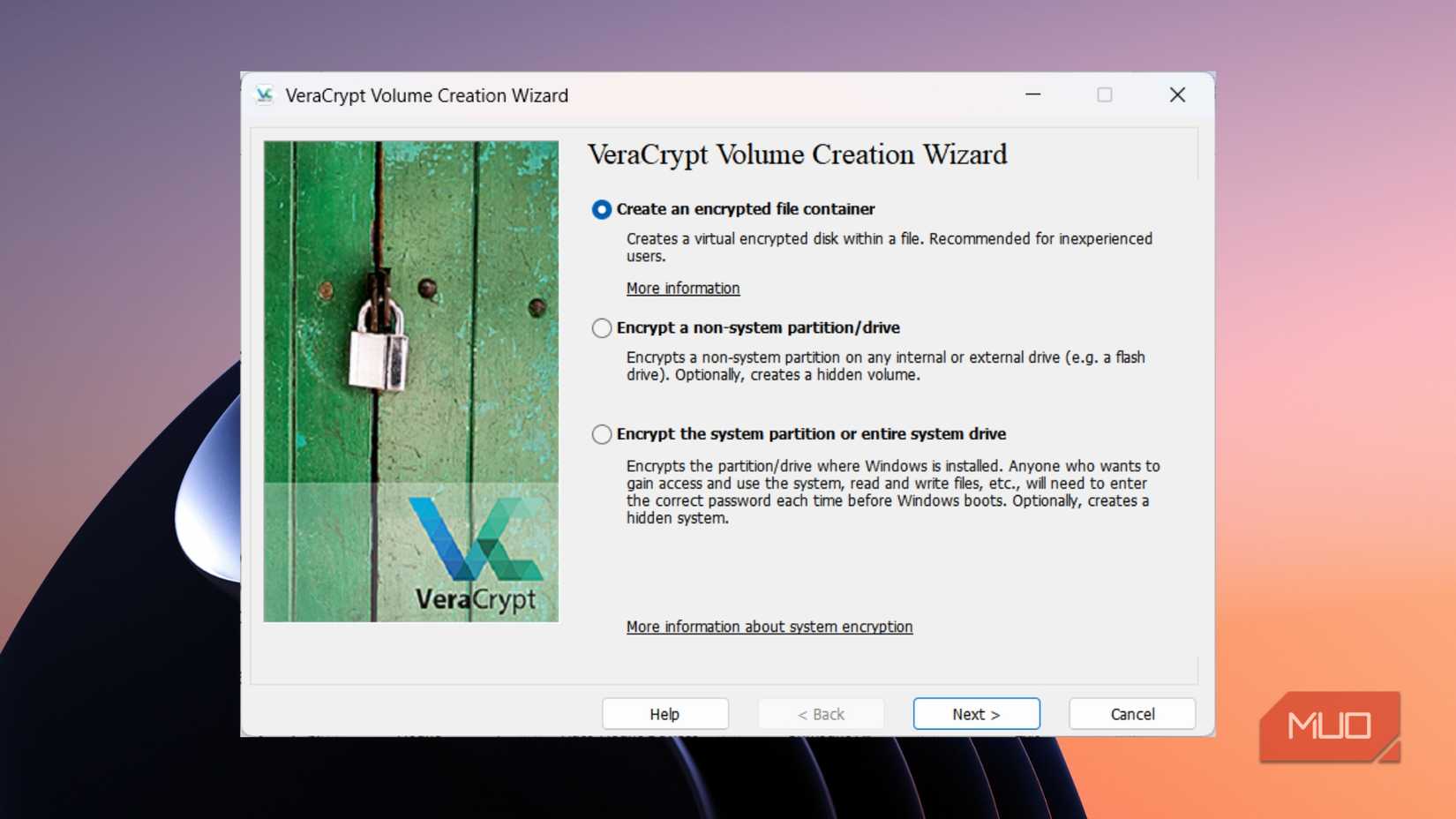 VeraCrypt wizard offering options to create an encrypted file container or encrypt a partition