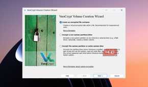 VeraCrypt wizard offering options to create an encrypted file container or encrypt a partition