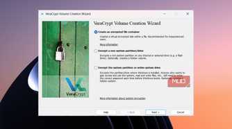 VeraCrypt wizard offering options to create an encrypted file container or encrypt a partition