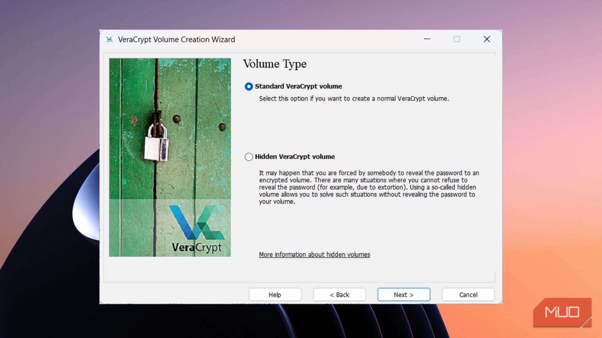 Selection screen for creating a standard VeraCrypt volume versus a hidden volume
