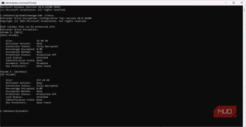 উইন্ডোজে বিটলকার স্ট্যাটাস যাচাই করা হচ্ছে।