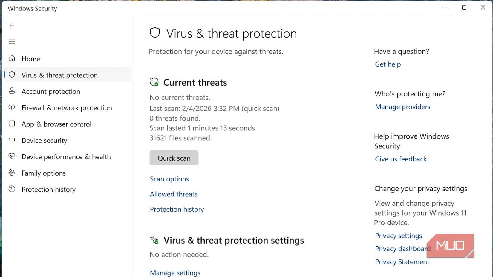 The Virus & threat protection screen on Windows 11.