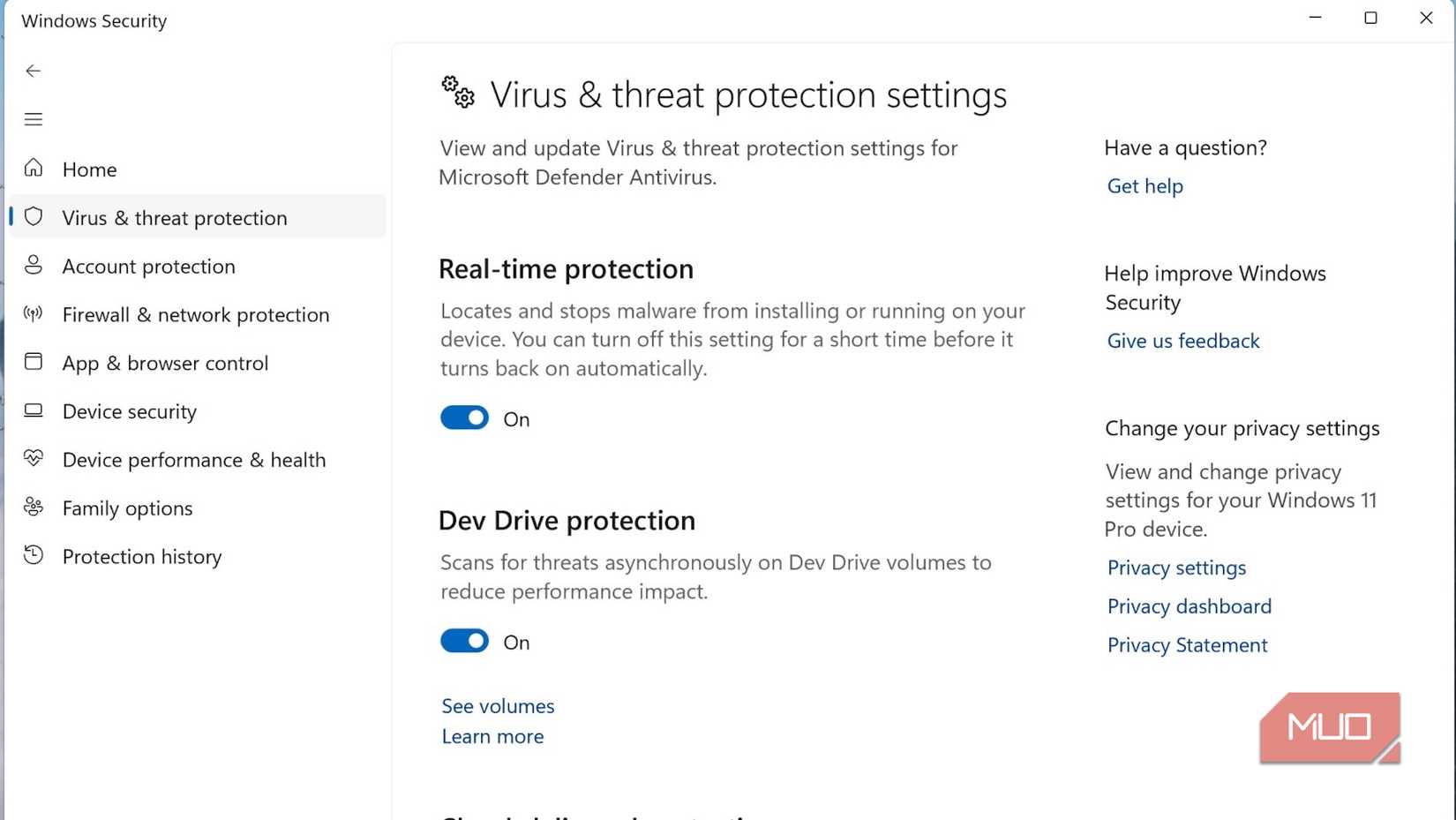 The Virus & threat protection screen on Windows 11.