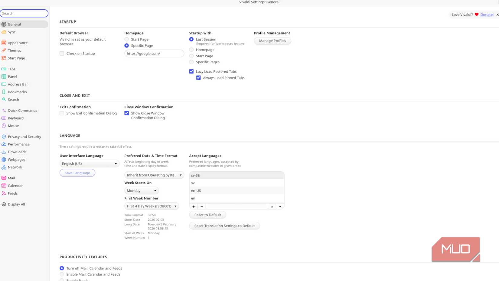 Settings window in Vivaldi