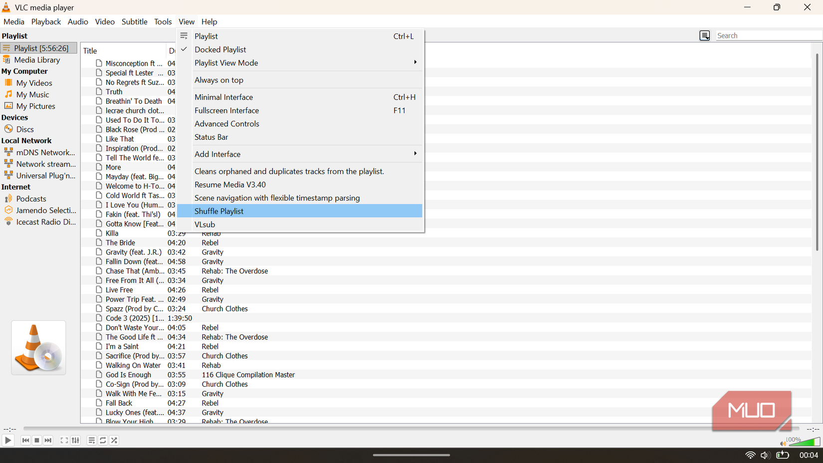 VLC media player View menu showing the Shuffle Playlist extension option highlighted to randomize playback order.