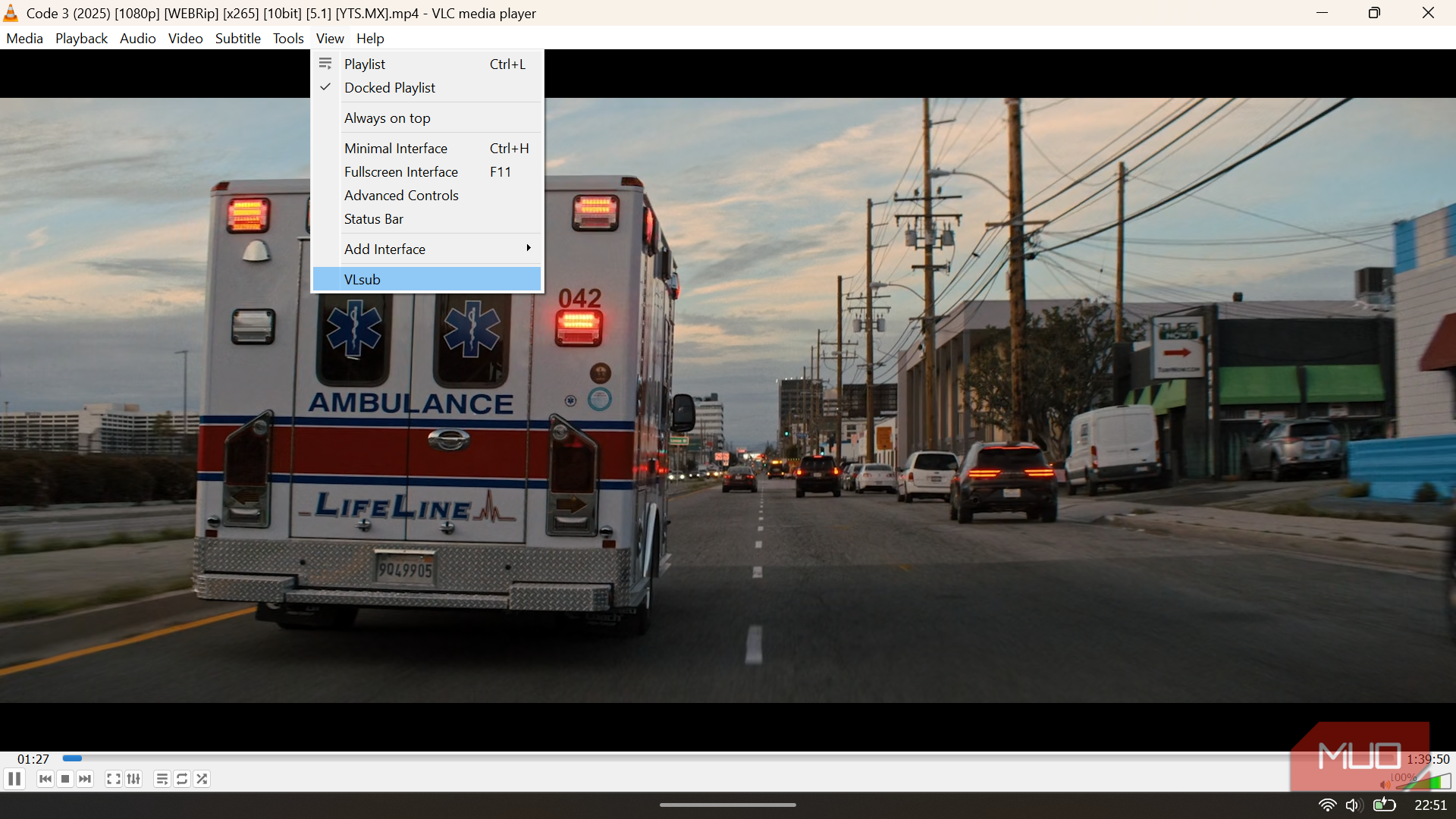VLC Media Player View menu with the VLsub extension option visible and ready to launch.
