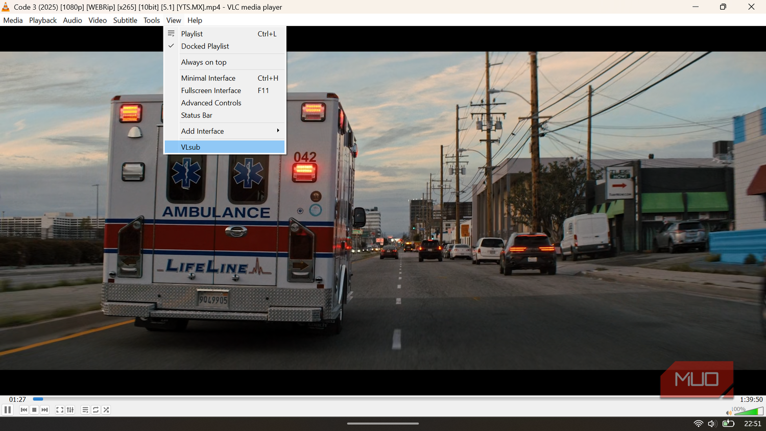 VLC Media Player View menu with the VLsub extension option visible and ready to launch.